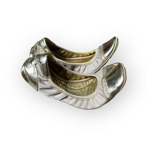 PRADA Leather & Nylon Scrunch Ballet Flats Shoes - Gold and Cream - Size 36 - Picture 5 of 11